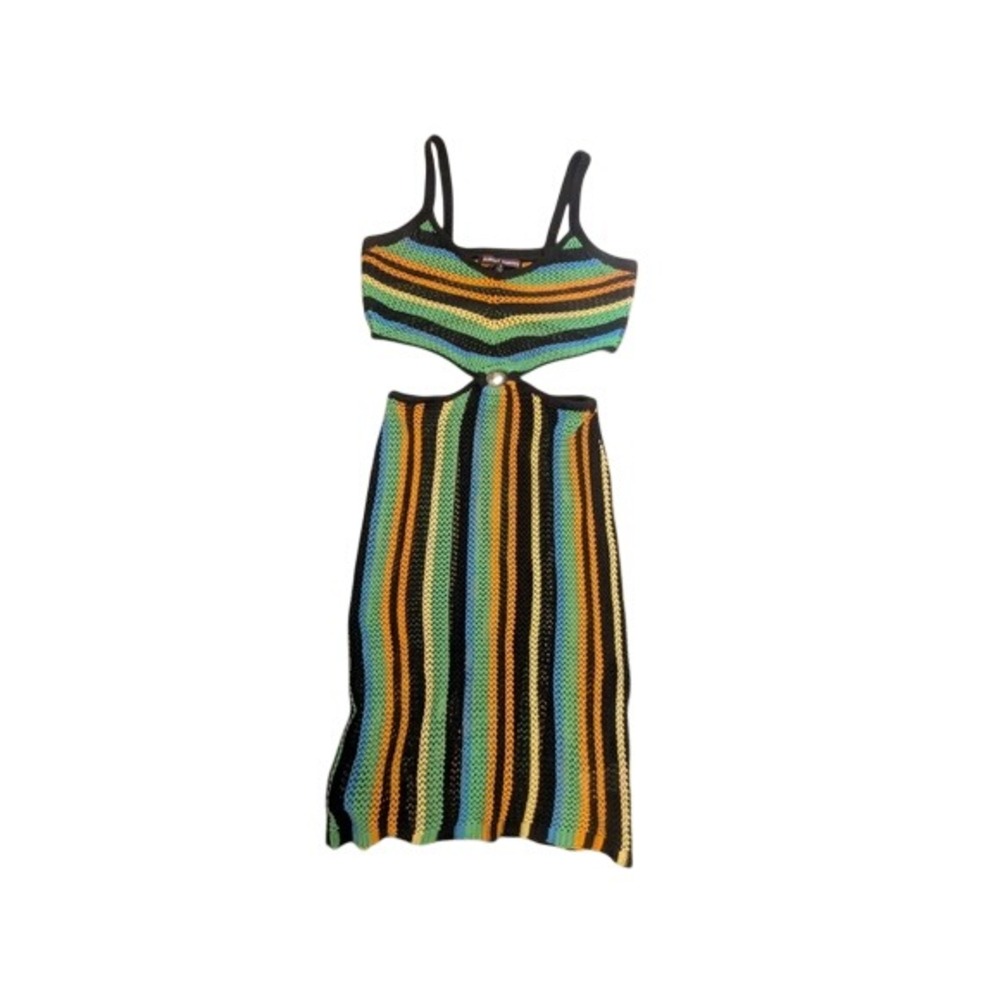 Almost Famous Crochet Knit Striped Cutout Midi Dress Green Blue Orange Small